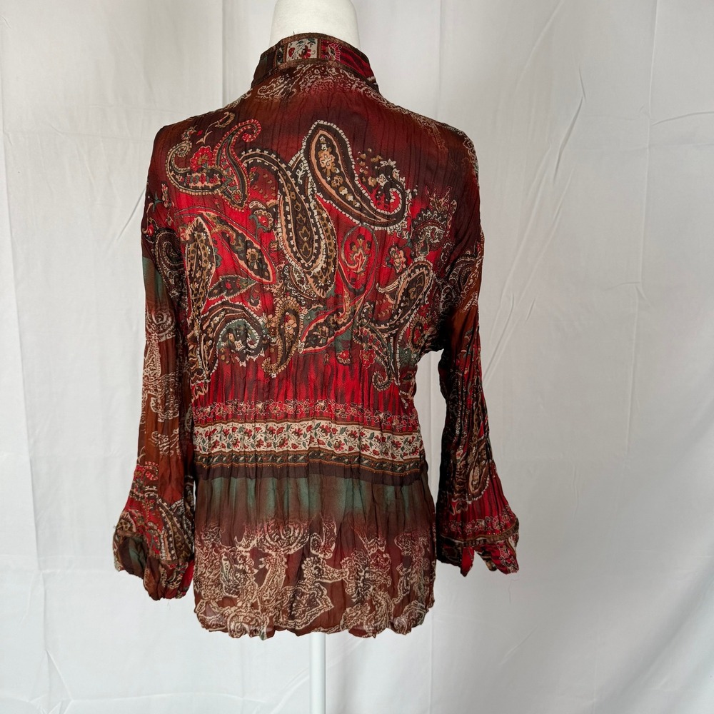 Piano Womens Large Paisley Print Crinkle Blouse Rust Red Boho Ribbon Trim Top - Picture 2 of 9